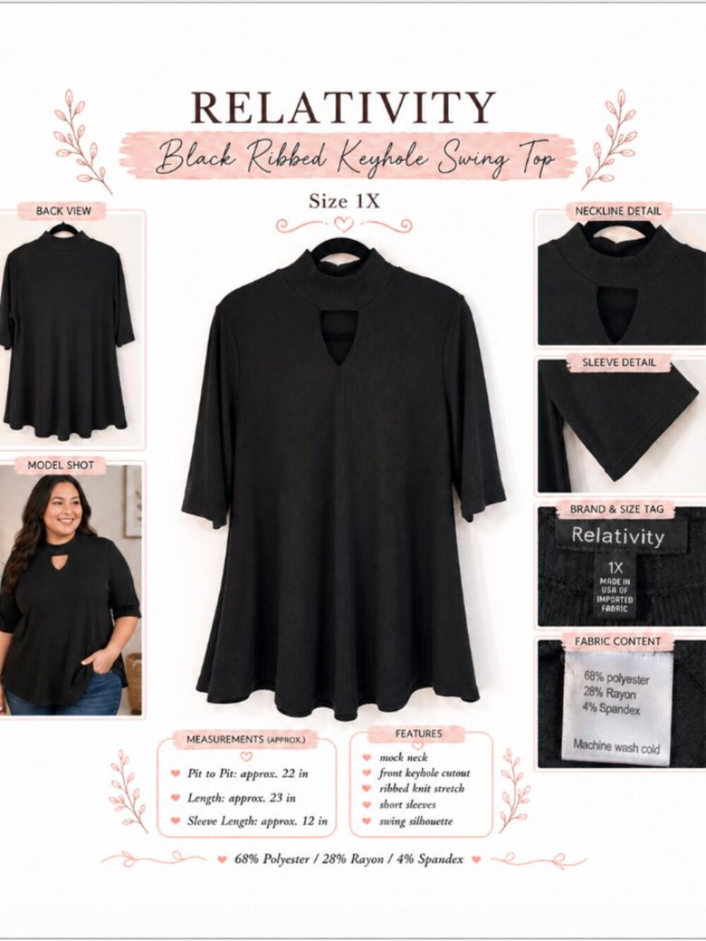 Relativity Black Ribbed Keyhole Mock Neck Top - 1X